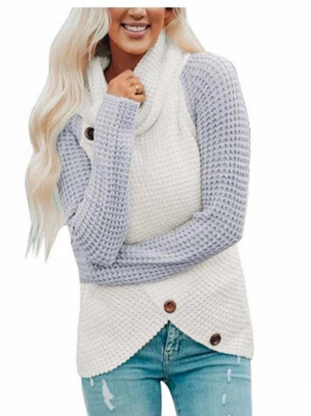 Grecerelle Waffle Knit Cross Wrap Cowl Neck Sweater White & Gray Medium